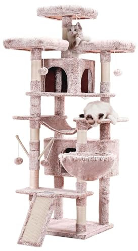 Hey-brother Árbol Grande para Gatos, Árbol para Gatos de 180 cm de Altura, con Cuerda de Sisal,Tabla Arañadora 2 - en - 1,Cesta para Gatos,3 Plataformas y 2 Cuevas para Gatos, café Beige 0EMPJ034MU
