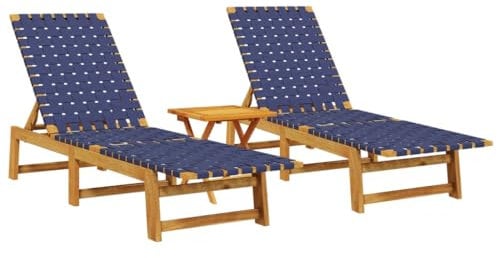 vidaXL Sonnenliegen 2 STK., Sonnenliege mit Gurtdesign Tisch, Liegestuhl für Pool Terrasse Garten, Gartenliege Relaxliege Gartenmöbel, Dunkelblau Massivholz Akazie Stoff