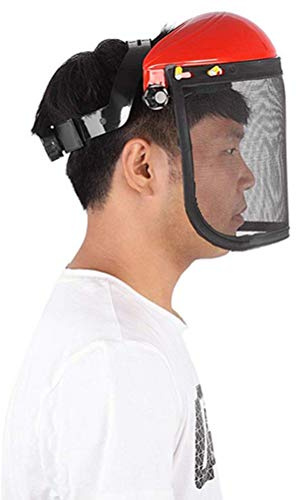 Mesh-Schutzhelm, Vollgesichts-Schutzhelm, Hutschutz mit Mesh-Visier Industrielle Kettensäge, Gartenarbeit, Protokollierung, Motorsense, Forstwirtschaft, Schutz (Rot)