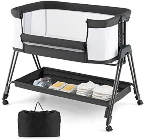 FANTASK 2 in 1 Babybett & Stubenwagen klappbar, tragbare Beistellbett mit 7 verstellbaren Höhen & Matratze & Tragetasche & Gurte, verstellbare Reisebett für Neugeborene bis 6 Monate (Dunkelgrau)