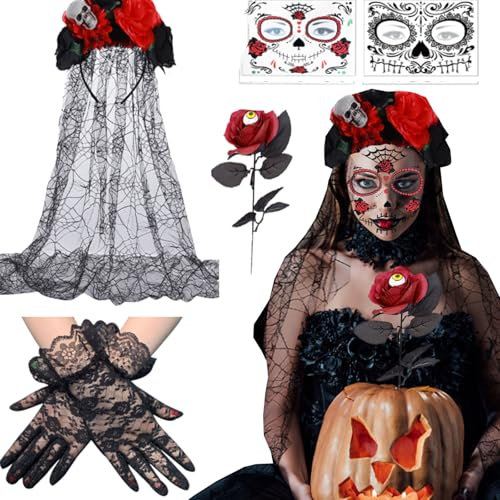 YOUYIKE Halloween Cerchietto Giorno Dei Morti,Rose Cerchietti di Halloween Fascia per Donna, Costumi Halloween Tatuaggi, Halloween Tatuaggi Viso Temporanei Sposa Zombie Accessori (rosso nero)