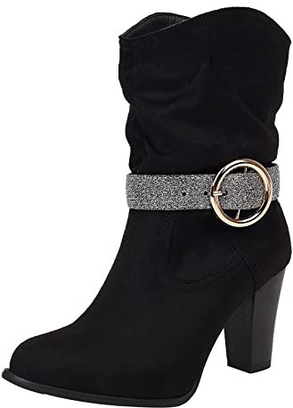 Generico Stivali Donna con Tacco Stivali Neri Donna Tacco Décolleté con Tacco da Donna a Punta con Tacco Grosso Stivaletti alla Stivali Neri Lucidi Stivali Brillantini Donna (Black, 37)