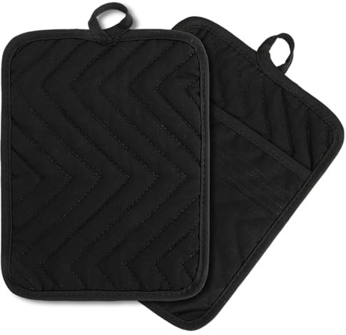 YUXIANLB 2Pcs Black Pot Holder with Pocket, Cotton Heat Resistant Potholder, Pocket Pot Holder Set, Multipurpose Hot Pads, Kitchen Hot Pad Oven Mitts for Cooking and Baking