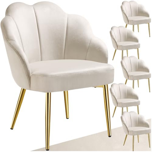 tectake® Cocktailsessel in Muschelform, Samt Stuhl mit Armlehne, Sessel Wohnzimmer, Loungesessel, Stühle Esszimmer, Relaxsessel, Sessel Schlafzimmer, Deko Zimmer, Lesesessel - créme/Gold, 6er Set