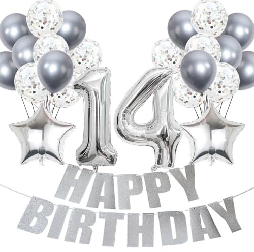 Conruich Luftballons 14. Geburtstag Dekoration, Silber Ballon Happy 14th Birthday DekoDeko 14 Jahre Mädchen, Folienballon Zahl 14 Silber, Deko 14. Geburtstag Mädchen, Geburtstagsdeko 14 Jahr Mädchen