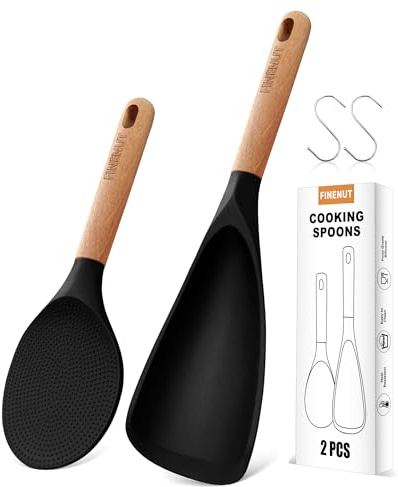 Multifunction Silicone Spatula Spoon 2-Pack Dual-Use-Heat-Resistant 446°F BPA-Free Non-Toxic Cooking for Non-Stick Cookware,Rice Cookers,Wooden Handle Scoop/Serve Meal/Rice Spoon,Scratch-Proof(Black)