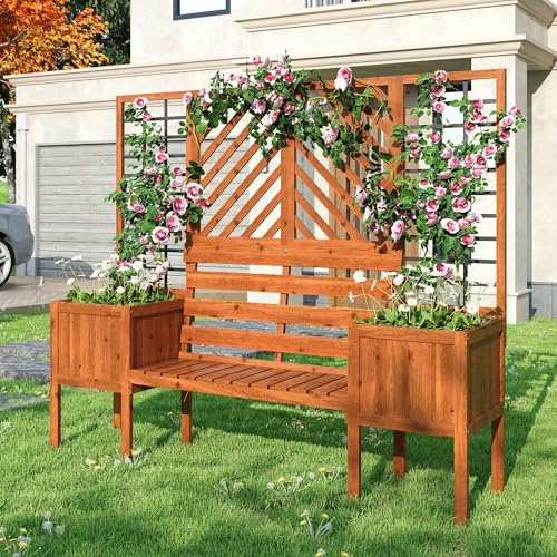 Fioriera con traliccio, fioriera con grande spazio, fioriera in legno massello marrone, con traliccio e seduta per giardino, cortile, terrazza