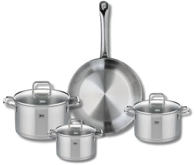 ELO 9697450 Batterie de cuisine 4 pièces, Ensemble de 1 Poêle de cuisson 28 cm et 3 faitouts 14, 16 et 20 cm Elo Profi Citrin, inox, induction
