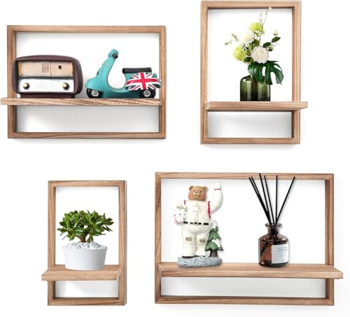 PHOENANCEE Set mit 4 Schwebenden Regalen aus Holz, Hängeregal für die Wandaufbewahrung, Quadratisches Bücherregal, Ausstellungsregale für Schlafzimmer, Wohnzimmer, Karbonisiert Schwarz