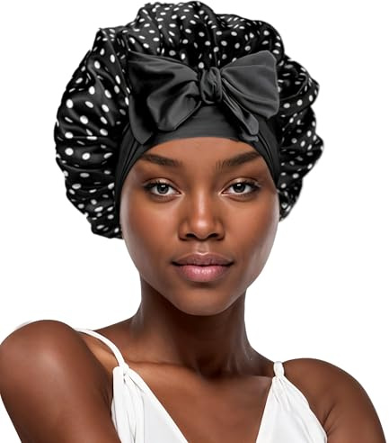 YENTEN Doppelte Nachtmütze aus Seidensatin,Seidenhaube zum Schlafen,Verstellbar Nacht Schlaf Mütze,Anti-Rutsch Bonnet Sleep Cap für Damen (Punktmuster)