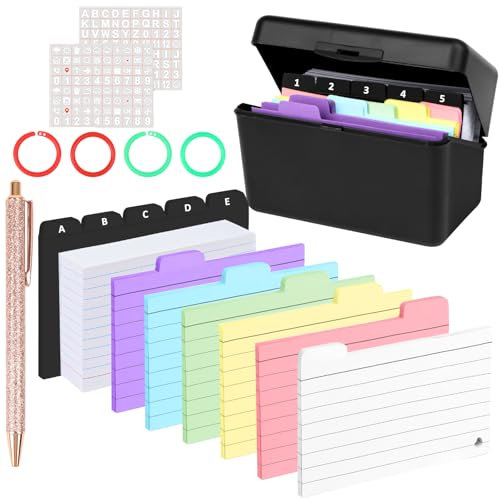 Schwarz 15 x 9,5 x 8,5 cm Karteikarten Box mit 200 Weiße Index Cards, 150 Karteikarten Bunt, 10 PP-Indexkarten, 2 Buchstaben Aufkleber, 4 Ringe für Lernkarteibox für Vokabeln, Notizen und Formeln