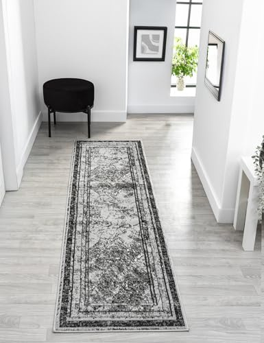 Obsidian Abstract Traditional Low Pile Modern Runner Rug, Grey, 60x220cm