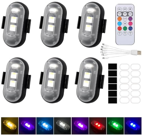 XPJBKC 6 Pcs LED Car Strobe Lights with Remote Control, Wireless LED Lights for Car, 8 Colors Waterproof Anti-Collision Drone Strobe light, Mini led lights for car, Drone, Motorcycle