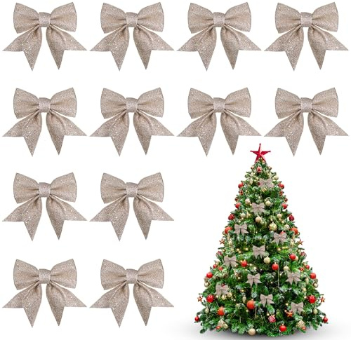 12 Stück Weihnachtsschleifen, 12x14cm Schleifen Weihnachtsbaum, Weihnachten Glitzer Schleifen, Weihnachtsbaumschmuck Deko für Weihnachtsbaum Weihnachtskranz Tannenbaum (Champagnerfarbe)