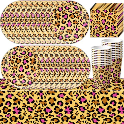 61 Pcs Leopard Print Party Tableware Set Cheetah Themed Decorations Birthday Party Decorations for Boys and Girls Baby Shower, Jungle Safari Plates, Cups, Napkins, Tablecloths (Serves 20 Guests)