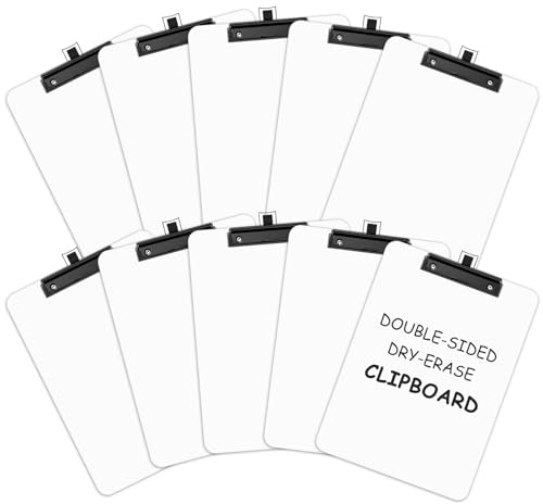 Zoenley Trockenlöschbares Holz-Klemmbrett,10er-Set, 22,8 x 31,5 cm doppelseitige weiße Tafel für Klassenzimmer, Schüler,Hartfaser-Klemmbrett mit flachem schwarzen Clip, Büro- und Schulbedarf