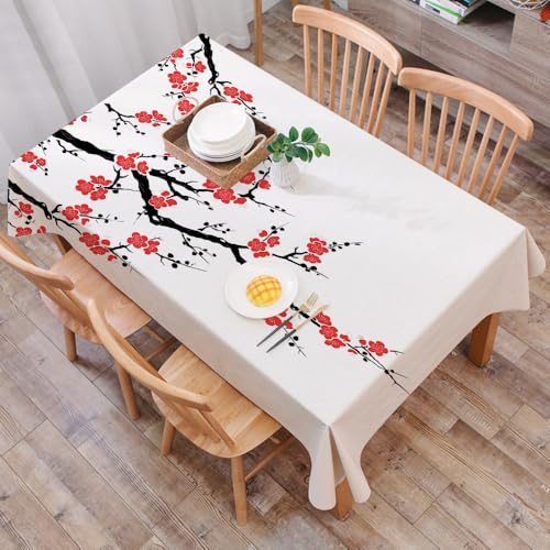 DALEXHM Table Cloth Wipe Clean Rectangular, wipeable tablecloths,Dining Table Cover for Kitchen Outdoor Garden Table,Japanese, Simple Cherry Blossom Tree Asian Botanical T,54x72 in
