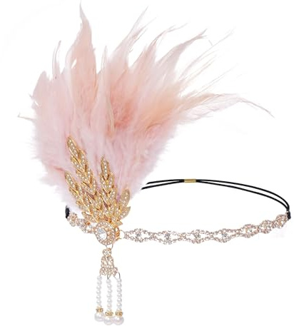 1920er Jahre Flapper Stirnband, Feder Kopfbedeckung Kopfschmuck, 20er Jahre Vintage Strass Haarschmuck, für Damen Mädchen Fasching Themen Kostüm Abschlussball Party Dekoration (Rosa)