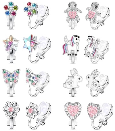 Ohrclips Kinder Mädchen, Hypoallergene Clip Ohrringe Kinder, Ohrringe Ohne Ohrloch für Regenbögen, Schmetterlinge, Sterne, der Mond, Katzenohren, kleine Blümchen, Gänseblümchen