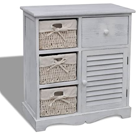 XHNIFBN Kommode mit 3 Körben aus Paulownia Holz Weiß 60x30x63 cm Kleiner Aufbewahrungsschrank Landhausstil für Flur Schlafzimmer Büro