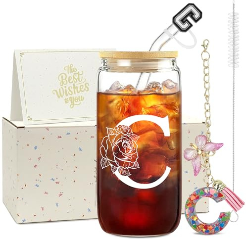 ZIOSINM Cadeau Anniversaire Femme Tasse Personnalisable Cadeau Femme | A-Z Lettre 500 ml Verre Matcha, Verre avec Ouvercle et Paille + Porte-clés, Idee Cadeau Femme pour Noël ou Saint-Valentin