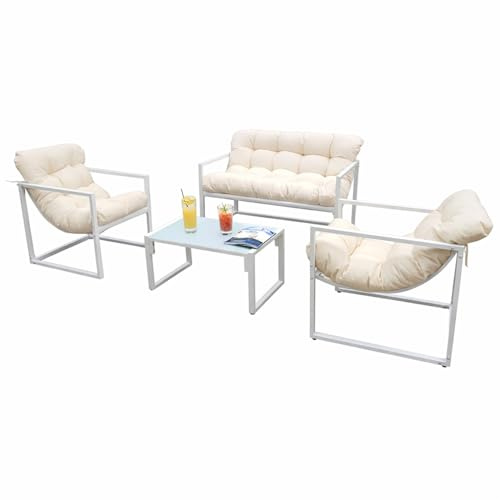 Neo 4 Piece Outdoor Patio Garden Furniture Set Cushions Metal Sofa Loveseat 2 Chairs Glass Coffee Table Balcony Backyard Conservatory (White)