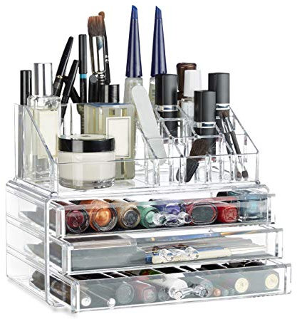 Relaxdays Make Up Organizer klein, 2-teilige Schminkaufbewahrung mit Schubladen, stapelbares Kosmetikregal, transparent