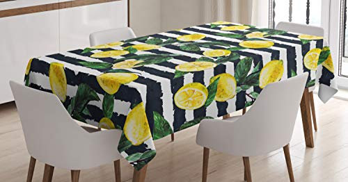 ABAKUHAUS Zitrone Tischdecke, Frische Zitronen Gestreifte, Inn und Outdoor Bereich geeignet Waschbar Druck Klare Farben Kein Verblassen, 140 x 240 cm, Jägergrün Indigo Gelb