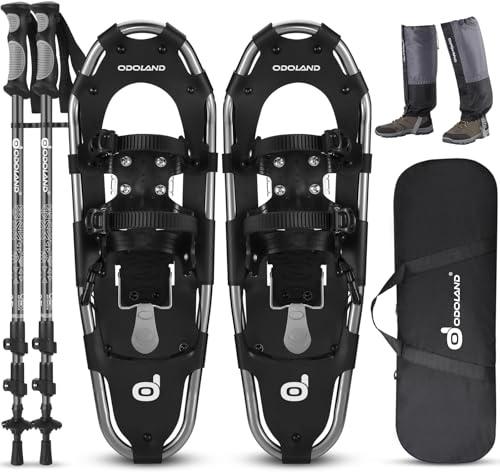 Odoland Schneeschuhe mit Steighilfe Allround 4 IN 1 für Damen und Herren mit Wanderstöcken, Wasserdichten Gamaschen und Tragetasche, ab Schuhgröße 25 INCH Silber