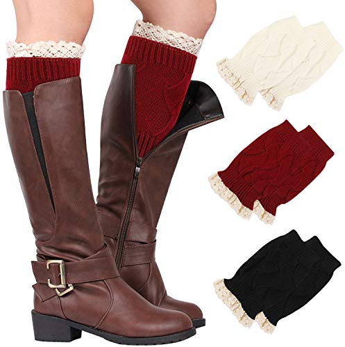 PHOGARY 3 Pairs Winter Warm Boot Cuffs for Women, Short Leg Warmers Crochet Knitted Boot Socks with Lace Trim for Gilrs Boot Topper Socks Leg Cuffs Boot Warmers Gift