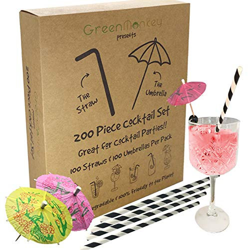 200 Piece Mini Party Drinking Cocktail Umbrella Picks and Paper Straws - Eco Friendly/Recyclable/Biodegradable & Sustainable/Great Bar Accessories/Gift Idea
