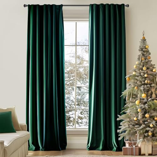 TOPICK Vorhang Blickdicht Samtvorhänge Weihnachten mit Tunnelzug Verdunkelungsvorhang Thermovorhang Verdunkelungsgardinen Für Wohnzimmer Schlafzimmer 2 Stück 245H x 130B(cm) Dunkelgrün