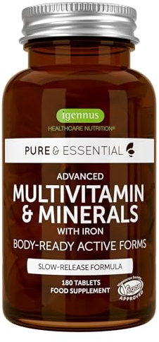 Igennus Methylated Women's Multivitamin with Gentle Iron, 21 Active Nutrients, Pure & Clean, High Strength B-Vitamins, Easy-to-Swallow, Sustained Release, 180 Vegan Tablets, 90 Servings