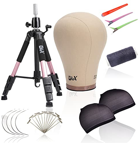 GEX 61 cm (24 inches) canvas cork wig head with 55 inch mannequin tripod, for wig, cosmetology, hairdresser display, training doll head, adjustable alloy holder