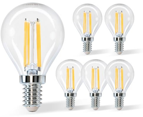 Aigostar E14 Filament Bulbs 4W, LED Small Edison Screw Golf Ball SES Bulb 470LM, 2700K Warm White, 40W Equivalent Clear Vintage Light Bulb for Decorative 5-Pack in 1 Box
