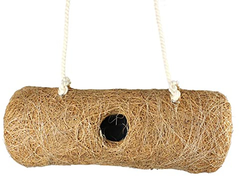 Hand-Woven Rooster House Nesting Box - Fibre Roosting Pouch With Bird Pockets for Outside Garden - Hanging Hut for Small Wild Hummingbirds, Finch (Horizontal Cylinder)