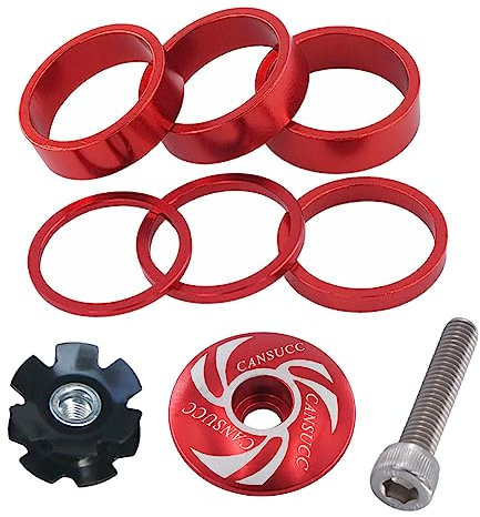 Saipor 9PCS Bicycle Headset Spacer Kit with Stem Top Cap, Long Bolt, Headset Star Nut 1-1/8 inch 28.6mm Aluminium Alloy Bicycle Front Fork Stem Spacers 2mm, 3mm, 5mm, 10mm for MTB BMX Road Bike (Red)