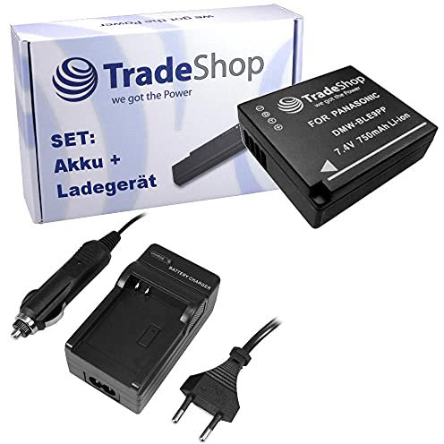 2in1 Set: Trade-Shop Kamera Li-Ion Akku 750mAh + Ladegerät mit KFZ Adapter kompatibel mit Panasonic Lumix DC-TZ202 DC-ZS220GK DC-TZ90 DC-TZ95 DC-TZ200
