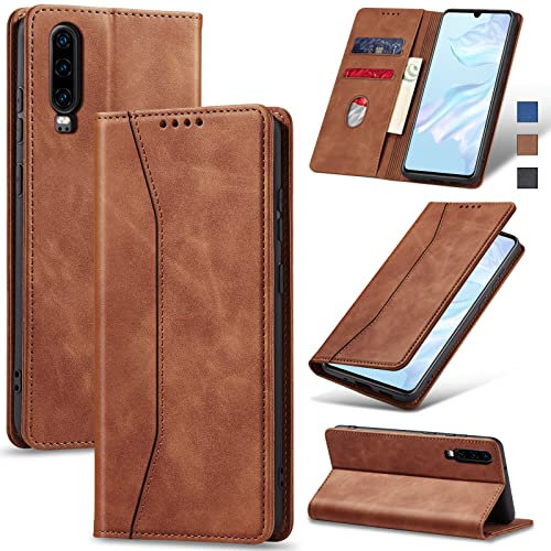 Jasonyu Handyhülle für Huawei P30 Hülle Leder Flip Klappbare Stoßfeste Magnetische Premium PU Leder Standfunktion Kartenfächern Schutzhülle Klapphülle für P30,Braun