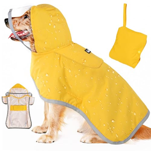 SlowTon Dog Raincoat, Adjustable Dog Rain Jacket Clear Hooded Double Layer, Waterproof Poncho with Reflective Strip Straps and Storage Pocket for Small Medium Large Dogs(XXL)