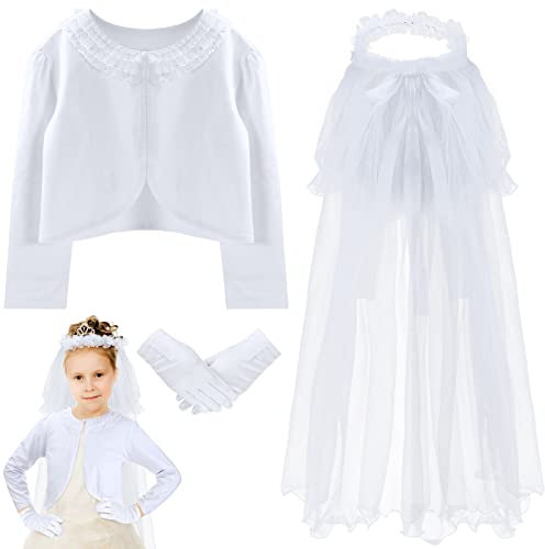 Haull 3er Set Erstkommunion Schleier für Mädchen Hochzeitskleid Blumenschleier Stirnband Strickjacke Weiß Satin Handschuhe Heilige Kommunion, Weiss/opulenter Garten, 10 -11 Years