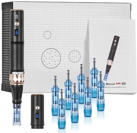 Professioneller Dermapen, elektrisch Microneedling pen mit 18 Cartridges, drahtlos und 6 Geschwindigkeitsstufen einstellbar, Anti-Aging Hautpflege Werkzeuge