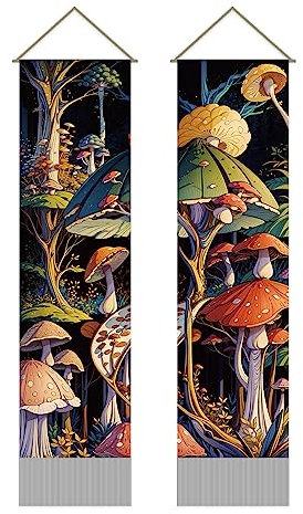 AHANDMAKER 2 Stück Pilz-Wandteppich, botanische Ästhetik, psychedelischer Wandteppich, Wandbehang, Kunst, Waldstil, Wanddekoration für Wohnzimmer und Schlafzimmer (130 x 33 cm)