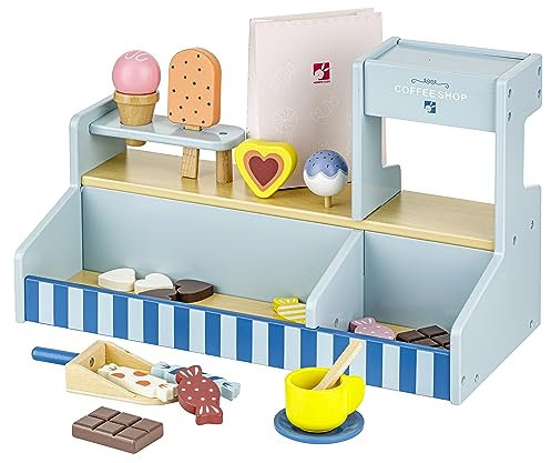 Baroni Juguetes Montessori Cafetería de Madera para Niños, Juego de Madera para la Venta de Café y Helados, Juegos de Madera para Niños 3 4 5 6 7 Años, Contador de Juguetes, 41x19x25 cm