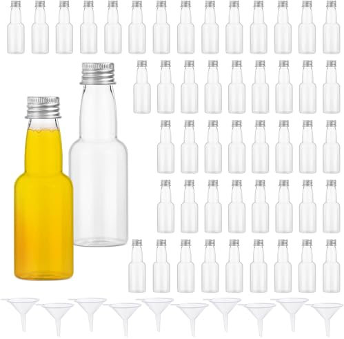 50 Pack Mini Bottles for Liquor, 60ml Small Wine Bottles Reusable Plastic Bottles Wedding Favours Airtight Empty Spirit Bottles Miniature Alcohol Bottles with Screw Cap, Funnel for Weddings Parties