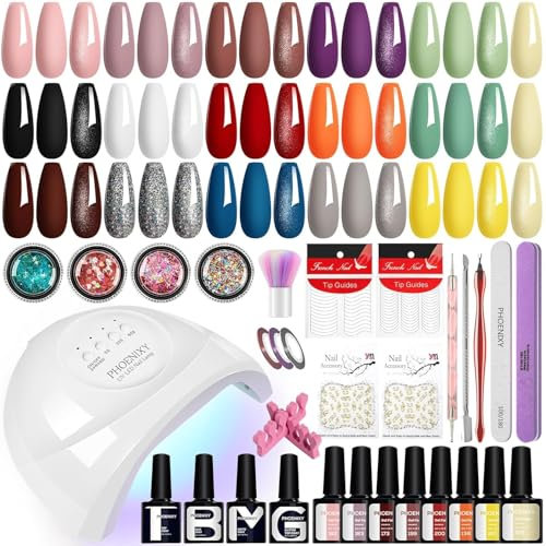 Phoenixy 48 Effect Gel Nail Polish Set with Lamp Starter Kit, 16 Colours U V Nail Polish with Top Base Matte Glitter Coat, Gel Nails Starter Kit with 48W U V LED Lamp Manicure Gift Set for Women