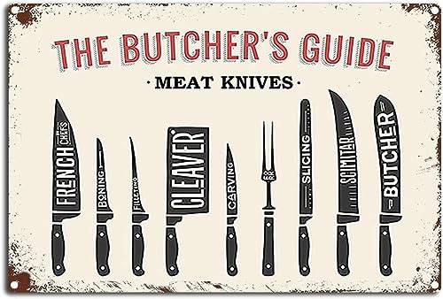 Vintage Butcher Guide Metal Tin Sign Meat Knives Tin Sign Retro Wall Art Sign for Home Kitchen Restaurant Bar Wall Decor-Tin Sign 8x12inch