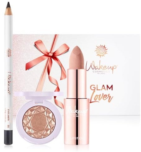 Wakeup Cosmetics - GLAM LOVER - 1 matter Lippenstift (COLOR VEIL 02) + 1 farbintensiver Lidschatten (Jet Black 1) + 1 metallischer oder satinierter Lidschatten (08 Caramel)