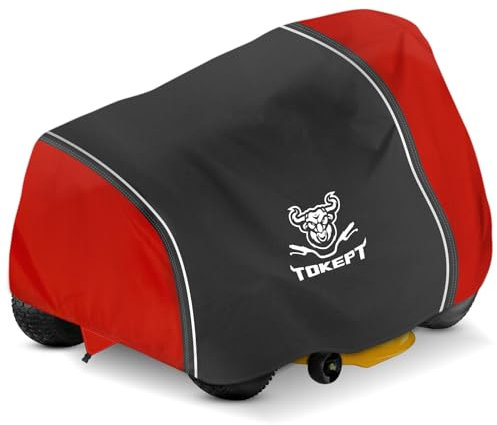 Tokept Lawn Mower Cover, Heavy Duty Waterproof Tractor Cover with Wind Triangle Straps Fits Decks up to 54, Universal Garden Tractor 72L x 54W x 46H (Black&Red)