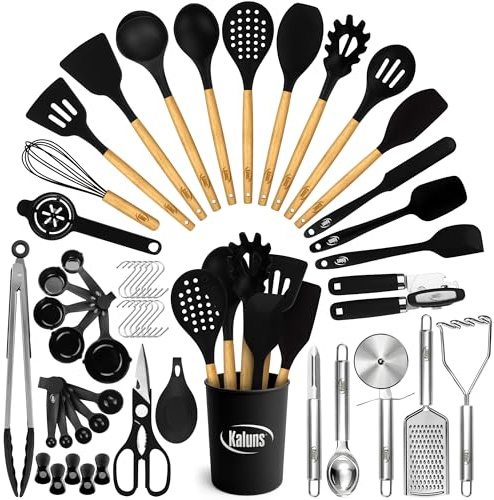 Kaluns Silikon-Küchenutensilien-Set, komplettes Küchenutensilien-Set, hitzebeständig, antihaftbeschichtet, Premium-Silikon-Kochutensilien, mit Holzgriffen – Dosenöffner, Stampfer, Pfannenwender